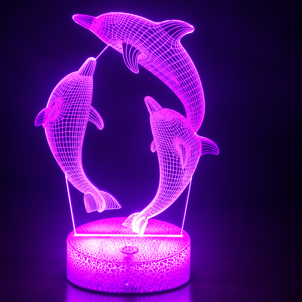 3D Dolphin Illusion LED Night Lamp – Touch Control, USB, 16 Colors