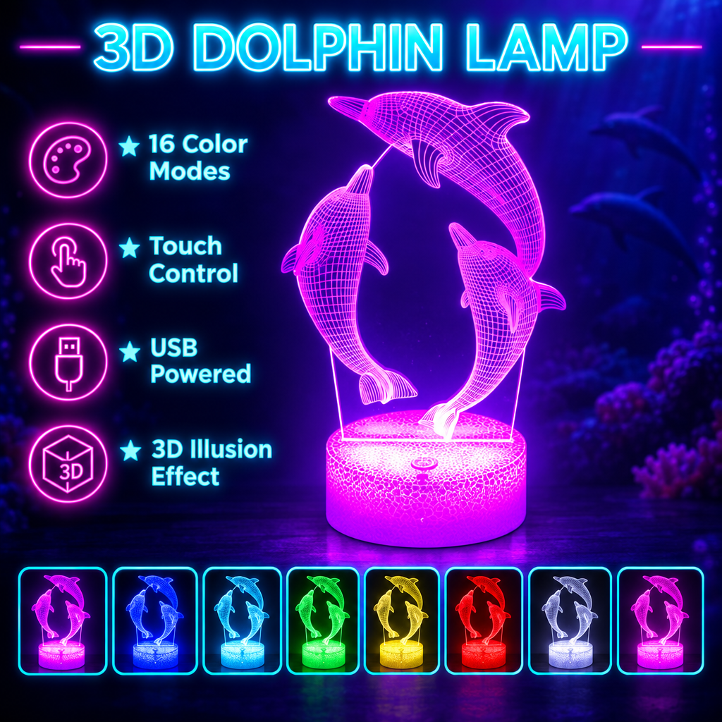 3D Dolphin Illusion LED Night Lamp – Touch Control, USB, 16 Colors