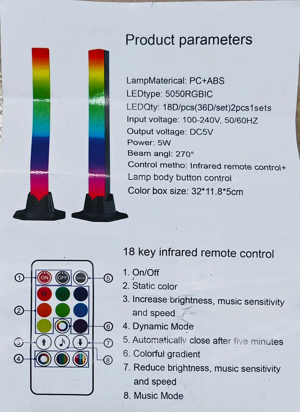 RGB Rhythm Light Bars (2-Pack) – 180° Gaming LED, Remote, USB