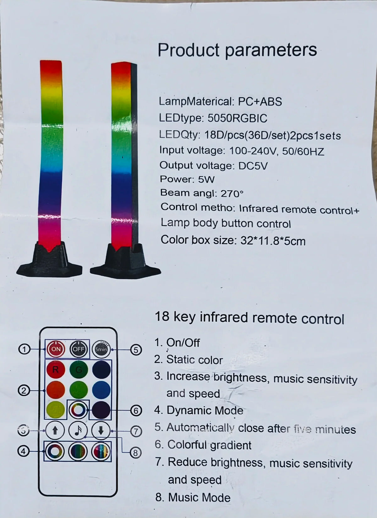 RGB Rhythm Light Bars (2-Pack) – 180° Gaming LED, Remote, USB