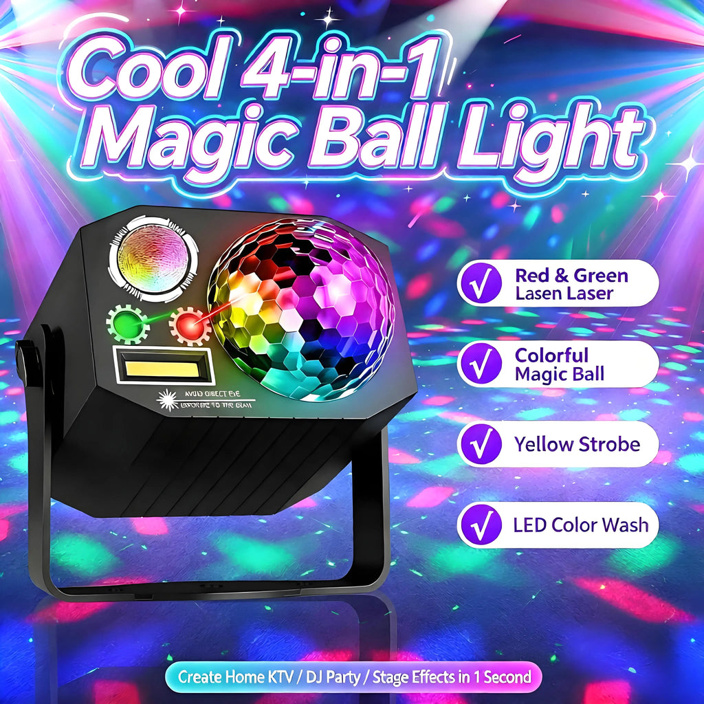 4-in-1 Magic Ball Party Light – RGB Strobe, Remote & Sound Activated