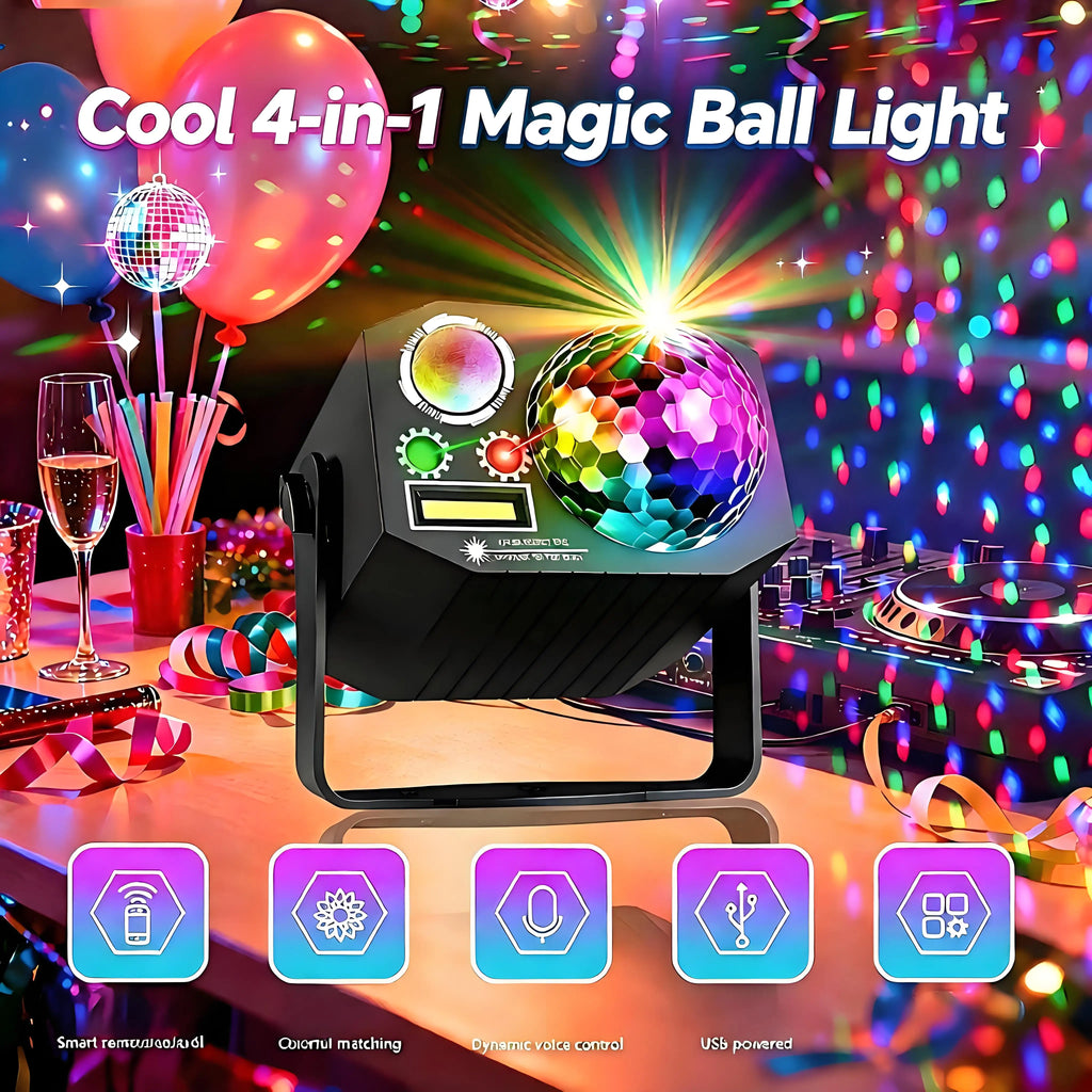 4-in-1 Magic Ball Party Light – RGB Strobe, Remote & Sound Activated