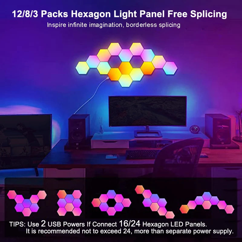 RGB Hexagon Wall Lights – Bluetooth App & Remote (8 or 12 Pack)