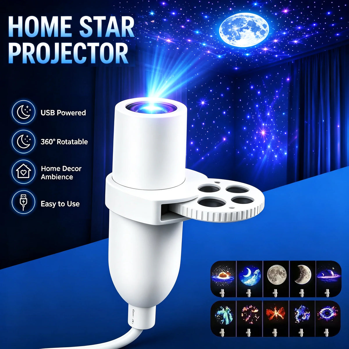 Mini Galaxy Star Projector Light – 360° Adjustable, USB Night Light