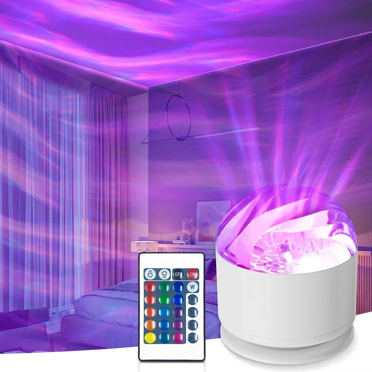RGB aurora projector effect in bedroom