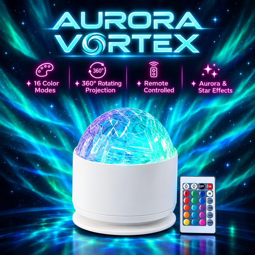 Aurora Vortex RGB Projector Lamp – 16 Colors, 360° Rotating, Remote