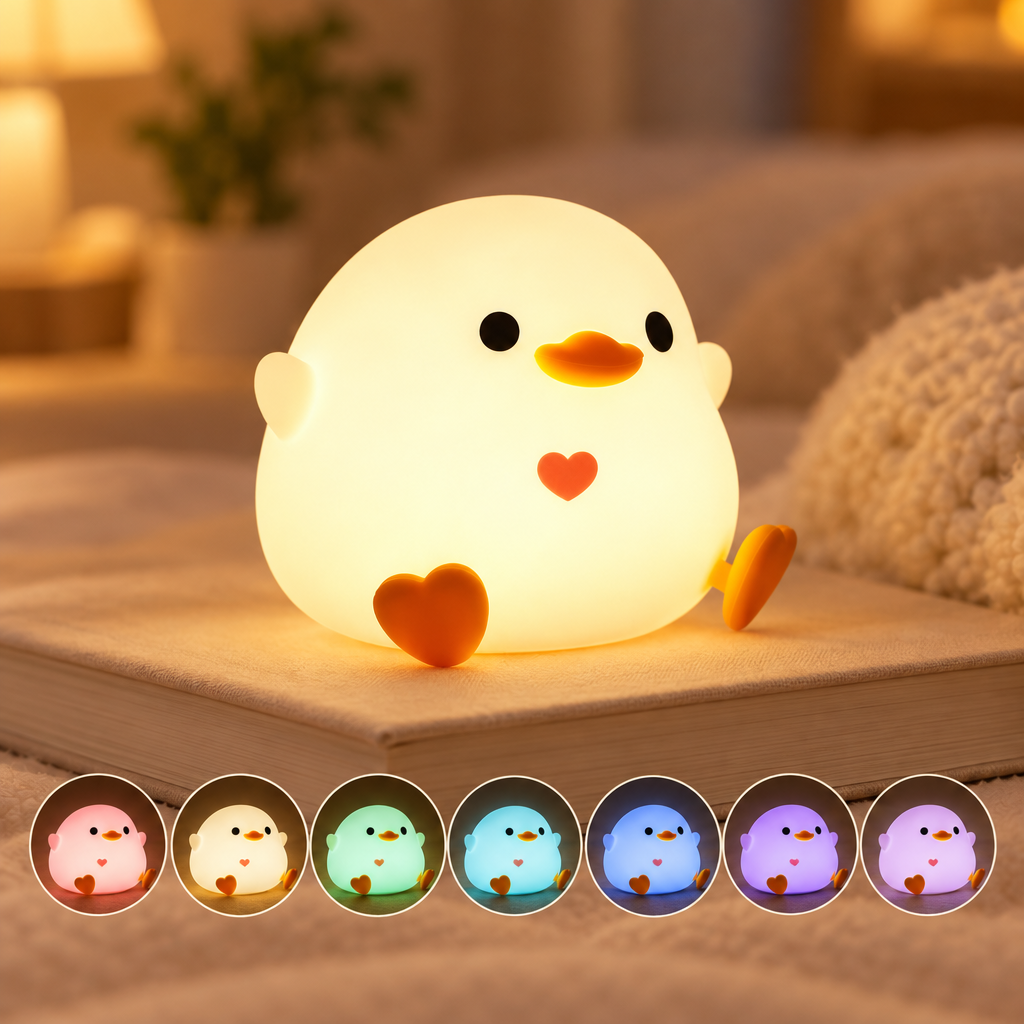 Cute Duck Silicone Night Light – Touch Dimmable RGB, USB Rechargeable