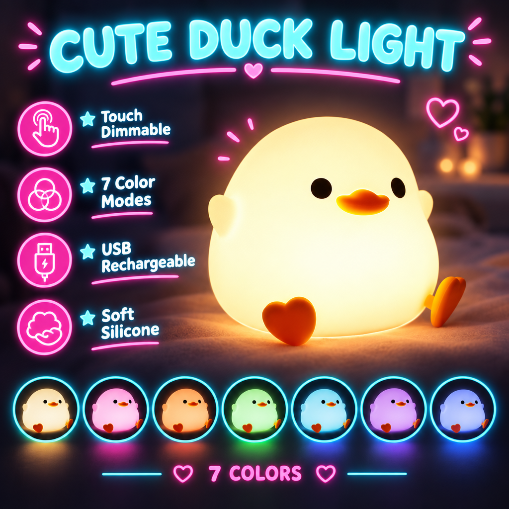Cute Duck Silicone Night Light – Touch Dimmable RGB, USB Rechargeable