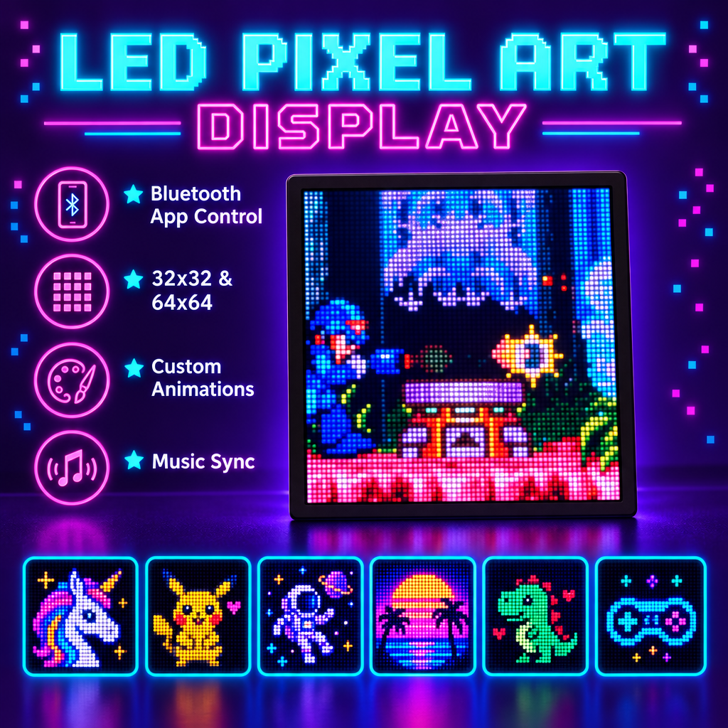 LED Pixel Art Matrix Display – Bluetooth App Control, 32x32 or 64x64
