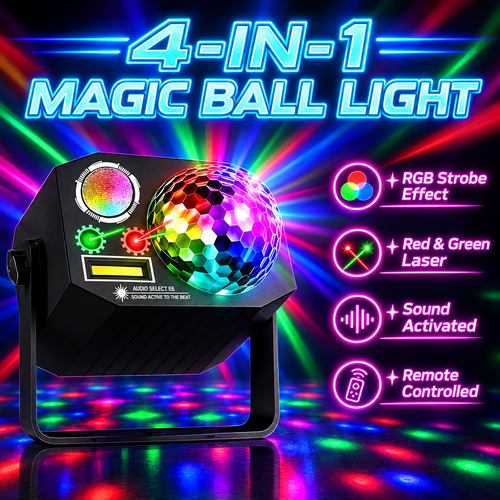 4-in-1 Magic Ball Party Light – RGB Strobe, Remote & Sound Activated