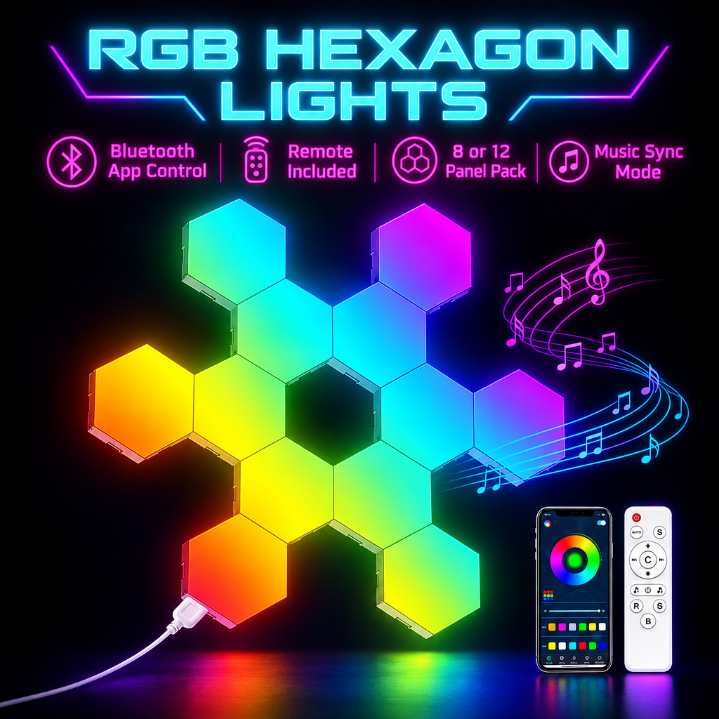 RGB Hexagon Wall Lights – Bluetooth App & Remote (8 or 12 Pack)