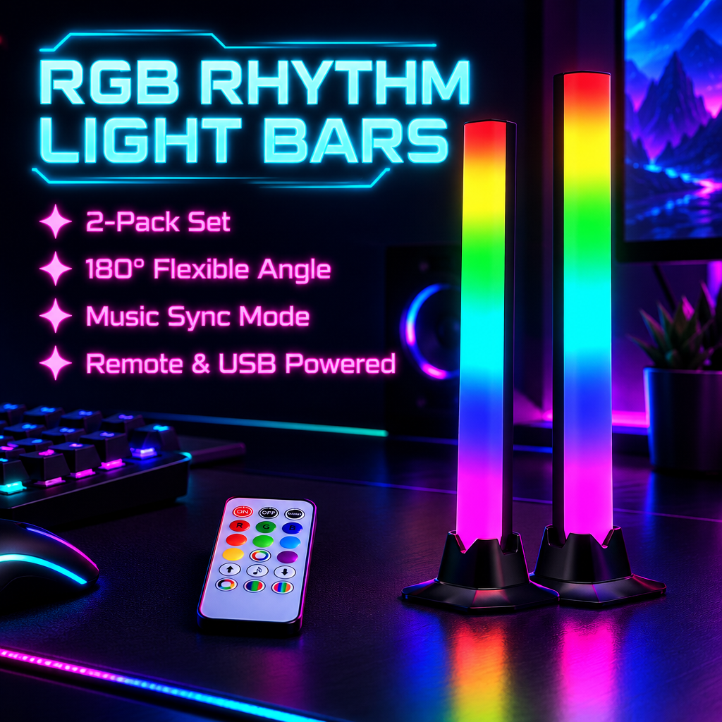 RGB Rhythm Light Bars (2-Pack) – 180° Gaming LED, Remote, USB