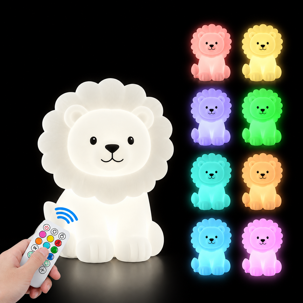 Silicone Lion LED Night Light – Touch & Remote, 9 Colors, Rechargeable