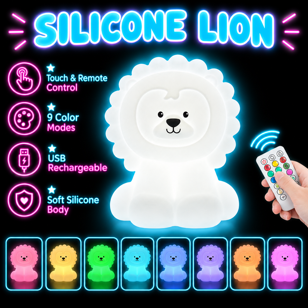 Silicone Lion LED Night Light – Touch & Remote, 9 Colors, Rechargeable